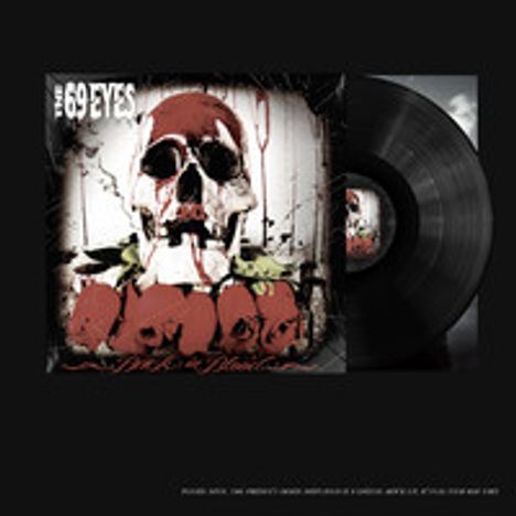 "The 69 Eyes", "Rock", und "Wasted Blood". Schädel mit Blumen und Blut, Schallplatte daneben.