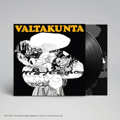 VALTAKUNTA in gelben Buchstaben oben. Schwarz-weiße, komplexe Zeichnung voller abstrakter Formen und Muster.