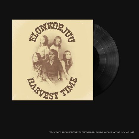 Text: "ELONKORJUU, HARVEST TIME". Schwarzes Vinyl, sepiafarbenes Foto von fünf Personen im Vintage-Stil.