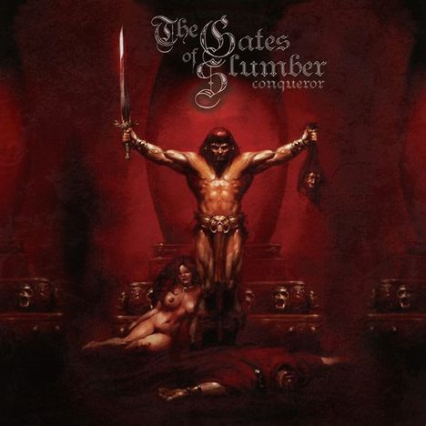 "The Gates of Slumber, Conqueror." Ein muskulöser Krieger mit Schwert; daneben liegt eine gefesselte, nackte Frau.