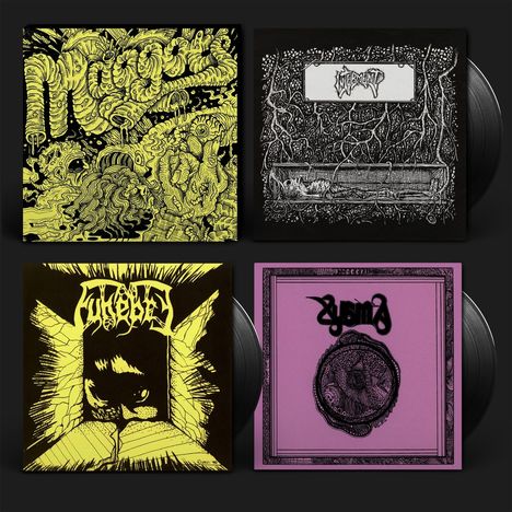 Vier Plattencover, oben links "Putrefact", oben rechts "Myrement", unten links "Nocturne", unten rechts "Ysma".