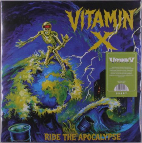 Logo "VITAMIN X", darunter "RIDE THE APOCALYPSE". Skelett auf der Erde, Wellen, Blitze, Fässer. Dramatische Szene.