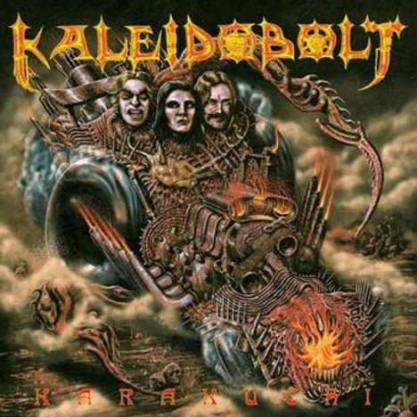 Texte: "Kaleidobolt" und "Karatunsi". Illustration eines Drachens mit drei Gesichtern und feurigen Elementen.