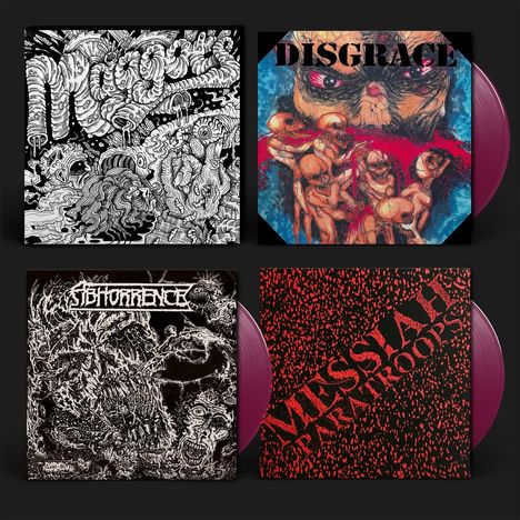 Oben: "DISGRACE", unten links: "ABHORRENCE", unten rechts: "MESSIAH PARATROOPS". Schwarz-Rot und monochrome Illustrationen.