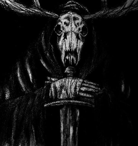 Ich sehe keinen Text. Eine düstere Illustration: Gestalt mit Totenkopf, Umhang, hält ein Schwert, Geweih ragt hervor.