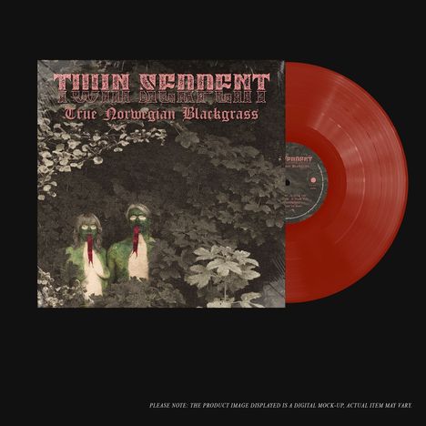 „Twin Serpent“ und „True Norwegian Blackgrass“. Zwei Gestalten mit grüner Haut und roten Zungen stehen im dichten Gebüsch.