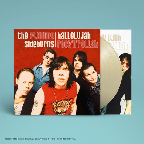 Covertext: "the flaming Sideburns" und "hallelujah rock'n'rollah." Eine Band posiert vor rotem Hintergrund. Schallplatte sichtbar.