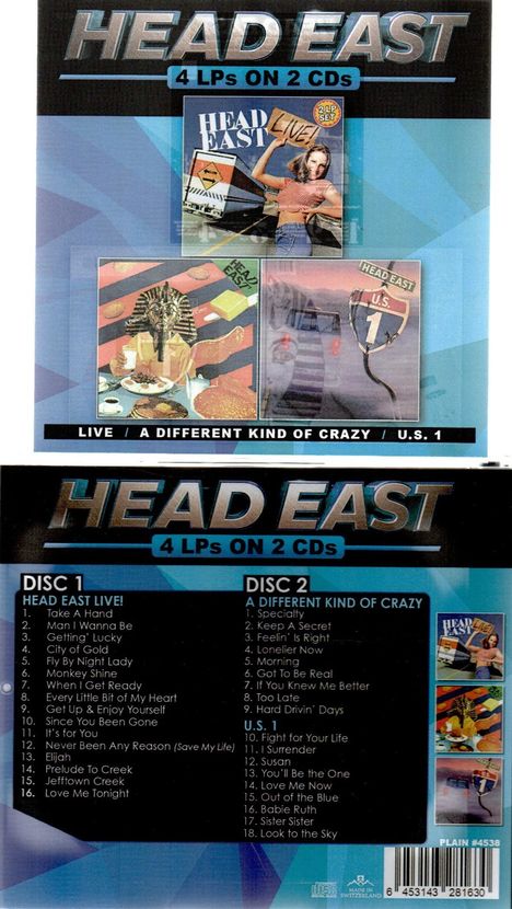 "HEAD EAST 4 LPs ON 2 CDs" steht oben, darunter Albumcover und zwei Tracklisten von "Disc 1" und "Disc 2".
