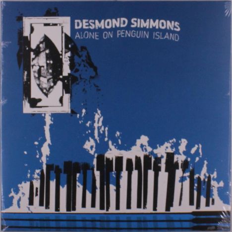 DESMOND SIMMONS: ALONE ON PENGUIN ISLAND. Blaue Illustration mit künstlerischen Formen und Streifen unten.