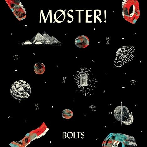 "Møster! BOLTS" steht auf schwarzem Hintergrund mit geometrischen Formen, Mustern und Illustrationen von Planeten und Figuren.