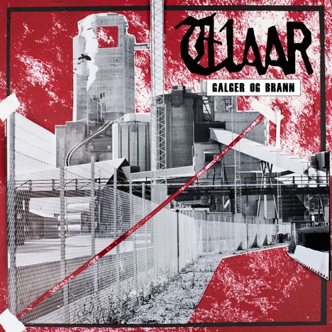 „GALGER OG BRANN“ in Großbuchstaben über Schwarz-Weiß-Fabrikfoto, roter Hintergrund mit stilisiertem Logo.