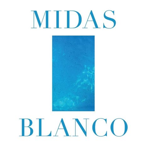 "MIDAS BLANCO" in blauer Schrift, dazwischen ein blaues Rechteck mit abstraktem Muster.