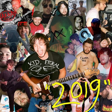 Collage mit Texten wie "Kid Feral" und "2019". Viele junge Leute feiern, spielen Gitarre und zeigen Emotionen.