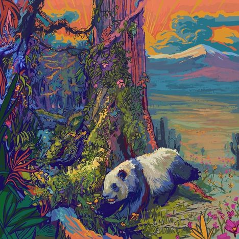 Ich sehe keinen Text. Bunte Illustration eines Pandas in einer lebhaften, farbenfrohen Waldlandschaft bei Sonnenuntergang.