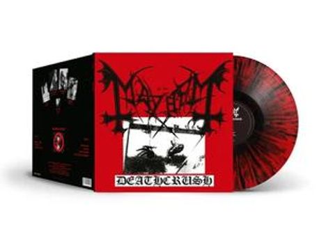 Auf einem roten Hintergrund steht "DEATHCRUSH". Links ist eine schwarze und weiße Illustration. Ein Vinyl mit rot-schwarzem Muster.