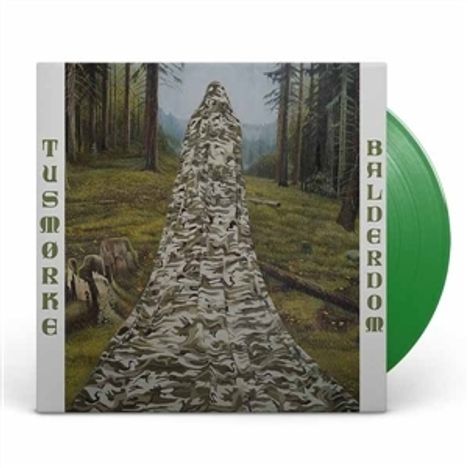 "Tusmørke Balderdom" steht am Rand. Ein langes, tarnfarbenes Tuch erstreckt sich durch einen Wald. Grünes Vinyl sichtbar.