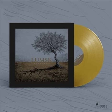 "LUMSK" in der Mitte, ein Baum mit verzweigten Wurzeln. Goldene Schallplatte, schlichtes, stilvolles Design.