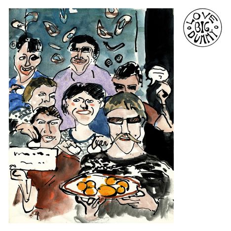 In einer Ecke steht „LOVE BIG DUMMY“. Eine Illustration zeigt lächelnde Menschen, einer hält ein Schild, ein anderer ein Tablett mit Orangen.