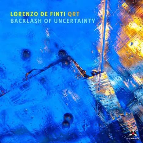 Text: "LORENZO DE FINTI QRT, BACKLASH OF UNCERTAINTY". Abstrakte blaue und goldene Muster mit geometrischen Formen.