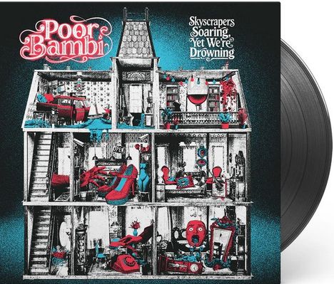 "Poor Bambi" und "Skyscrapers Soaring Yet We’re Drowning". Illustration eines offenen Puppenhauses in kräftigen Farben.