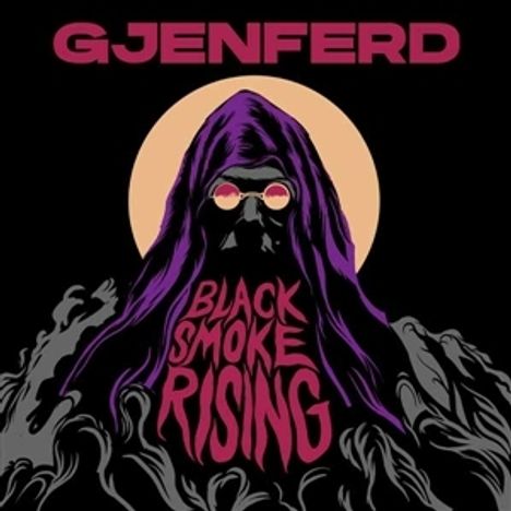Text: "GJENFERD" und "BLACK SMOKE RISING". Illustration eines vermummten Wesens mit lila Kapuze und roter Brille.