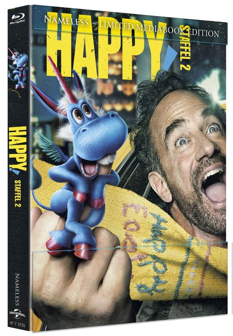 "Happy Staffel 2" und "Nameless Limited Mediabook Edition" stehen auf einer farbenfrohen Hülle mit einem Cartoon-Esel.