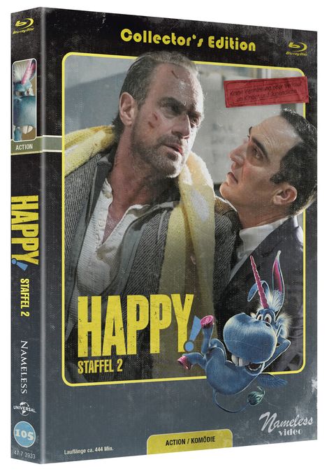 "Happy Staffel 2". "Keine Vermietung an Kinder". Zwei Männer in intensiver Szene, ein blaues, fliegendes Einhorn.