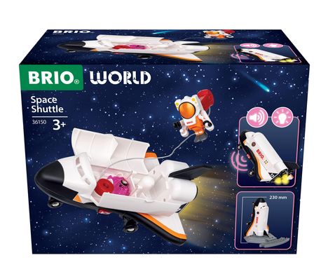 "BRIO WORLD, Space Shuttle, 36150, 3+. Illustration: Ein weißes Spielzeug-Shuttle mit Astronautenfigur im Weltraum."
