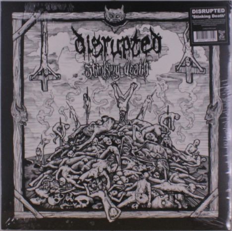 Text: "Disrupted, Stinking Death". Schwarz-weiße Illustration mit Knochenhaufen und umgekehrtem Kreuz in düsterem Stil.