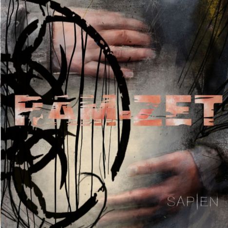 Text: "FAM-ZET", "SAPIEN". Zwei Hände vor abstraktem Hintergrund mit schwarzen Linien und Formen.