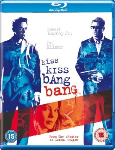 Text: Robert Downey Jr., Val Kilmer, kiss kiss bang bang. Illustration mit blauen und roten Figuren, darunter zwei Männer.