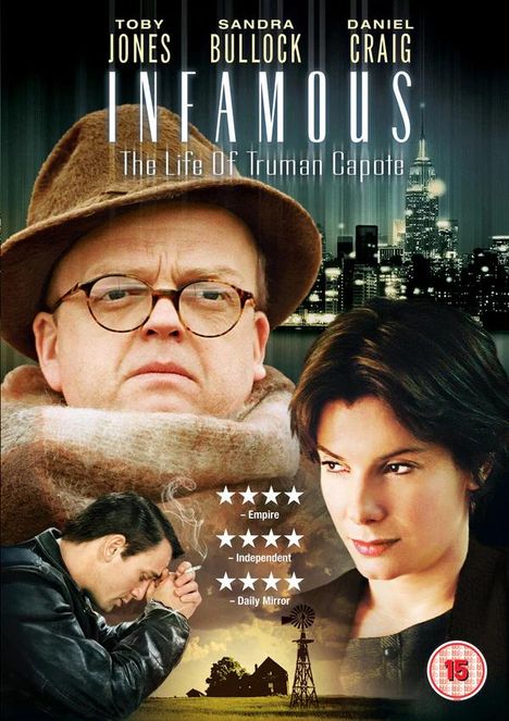 "Infamous: The Life of Truman Capote" oben, mit drei großen Gesichtern darunter, eine Bewertung von Sternen und Skyline.