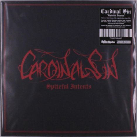 "Cardinal Sin" und "Spiteful Intents" sind in Rot auf schwarzem Hintergrund zu sehen. Design mit verschnörkelter Schrift.