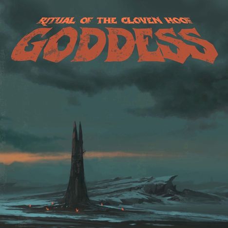 Text: "Ritual of the Cloven Hoof" und "Goddess." Eine düstere Landschaft, dunkler Turm, umgeben von einem stürmischen Himmel.