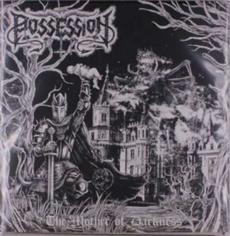 "Possession" und "The Mother of Darkness". Illustration eines Ritters vor einer düsteren Burgkulisse mit Bäumen.