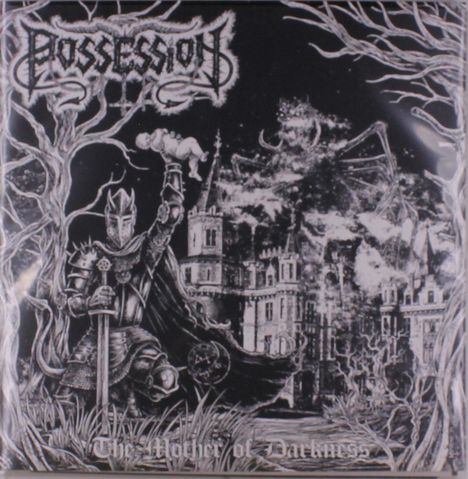 "Possession" und "The Mother of Darkness". Illustration zeigt Ritter vor gotischem Schloss, hebt Babypuppe empor, düstere Ästhetik.