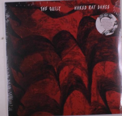 Der Text „THE GUILT“ und „NAKED RAT DANCE“. Rotes, abstraktes Muster mit dunklen Wellen und einem runden weißen Sticker.
