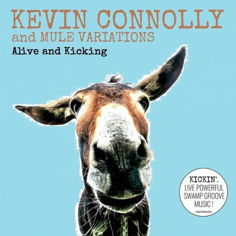 "KEVIN CONNOLLY and MULE VARIATIONS. Alive and Kicking." Ein Maultier schaut frontal auf blauem Hintergrund.
