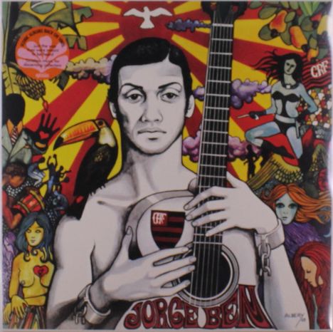 Jorge Ben. Illustration: Mann mit Gitarre, farbenfrohe Figuren, ein Tukan und Sonnenstrahlen im Hintergrund.