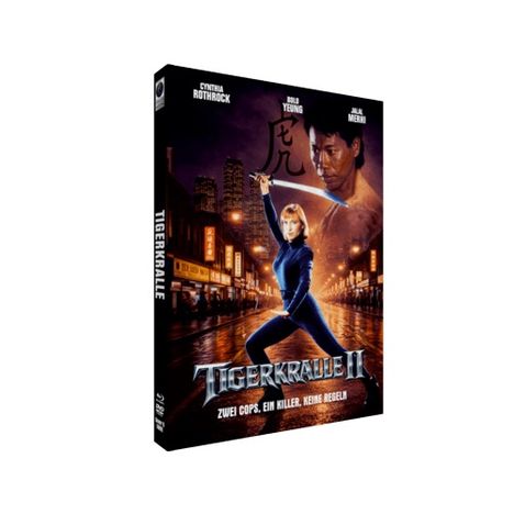 "Tigerkralle II: Zwei Cops, ein Killer, keine Regeln." Cynthia Rothrock posiert mit Kampfhaltung in einer nächtlichen Stadt.
