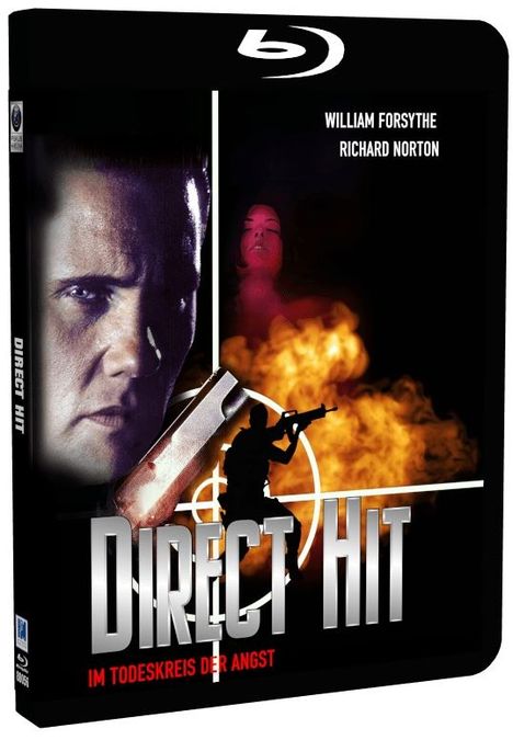 Direkt unter dem Titel "DIRECT HIT" schießt ein Mann vor einer Explosion. Oben Namen: William Forsythe, Richard Norton.