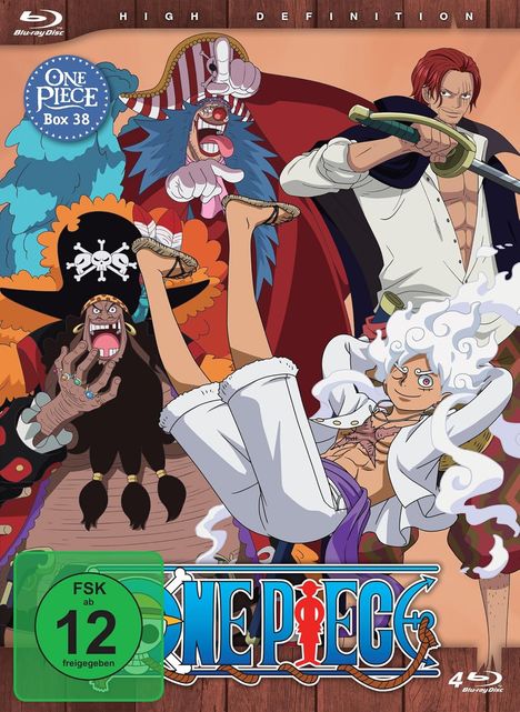 Text: "One Piece Box 38", "FSK ab 12". Illustration mit vier Charakteren in dynamischen Posen.
