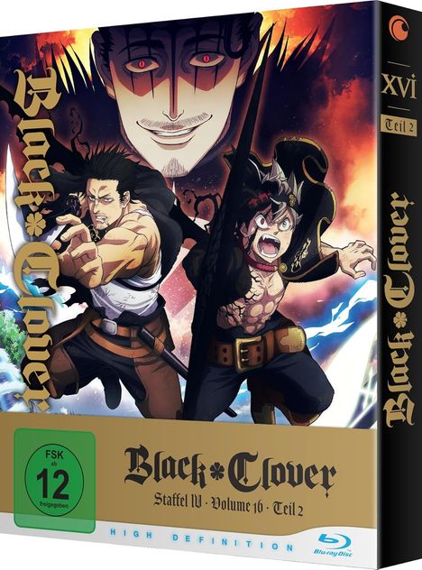 Aufschrift: "Black Clover, Staffel IV, Volume 16, Teil 2". Zwei kämpfende Anime-Charaktere mit wütendem Gesichtsausdruck.