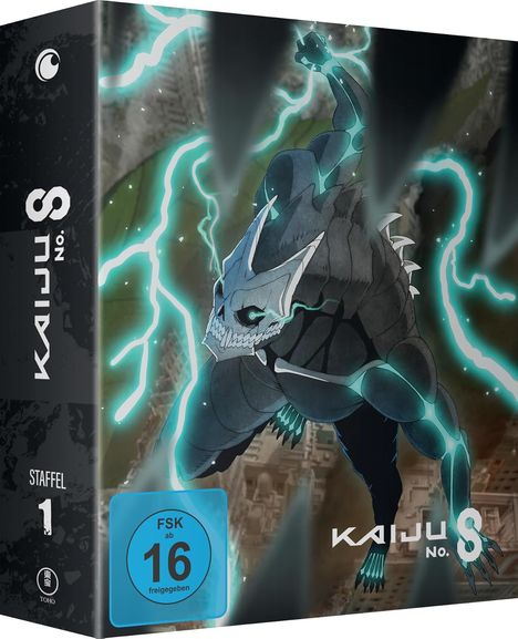 "Kaiju No. 8", Staffel 1, FSK 16. Illustration eines Monsters mit leuchtendem Blitz und Skelettkopf.