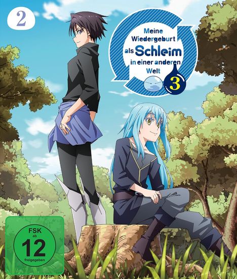 "Meine Wiedergeburt als Schleim in einer anderen Welt 3" steht in einem blauen Logo. Zwei Figuren vor Bäumen.