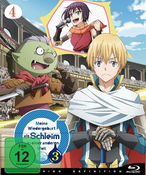 "Meine Wiedergeburt als Schleim in einer anderen Welt", FSK 12, zwei Anime-Charaktere im Stadion, einer hält ein Mikrofon.
