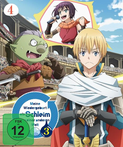 Logo: "Meine Wiedergeburt als Schleim in einer anderen Welt." Drei Figuren, in einem Stadion.