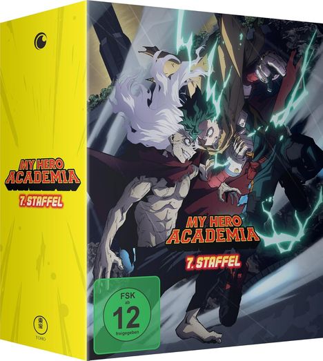Box-Design mit "My Hero Academia 7. Staffel" in leuchtenden Farben, dynamische Character-Illustration, FSK 12.