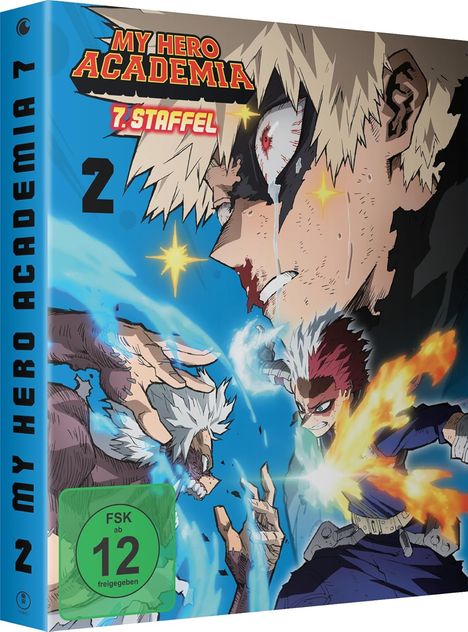 "My Hero Academia, 7. Staffel, 2". Charaktere in einem intensiven Kampf mit blauen und feurigen Effekten. FSK 12.