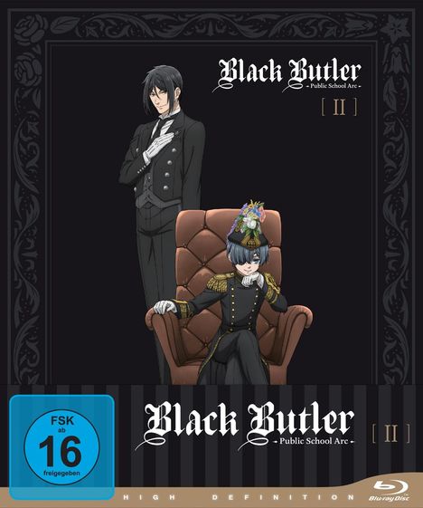 "Black Butler - Public School Arc - II". Zwei stilvolle Charaktere, ein Junge im Sessel, ein Butler daneben.